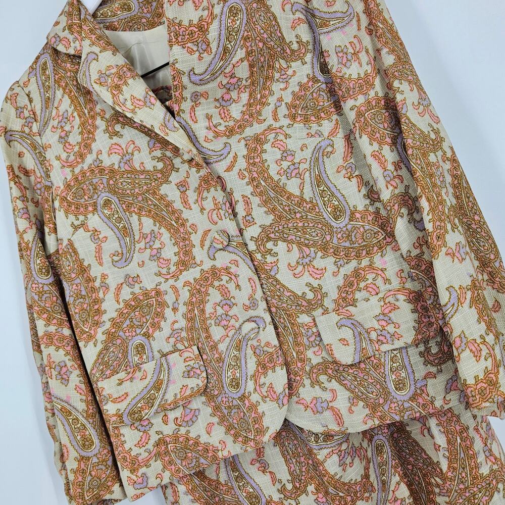 Vitange 70s Skirt Set Brown Button Down Long Sleeve Paisley Mod Secretary Sz 10 - Picture 3 of 12